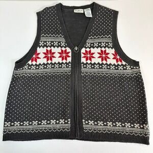 Fair Isle Snowflake Sweater Vest Gray Red White Zip Front Plus 18W/20W Winter‎